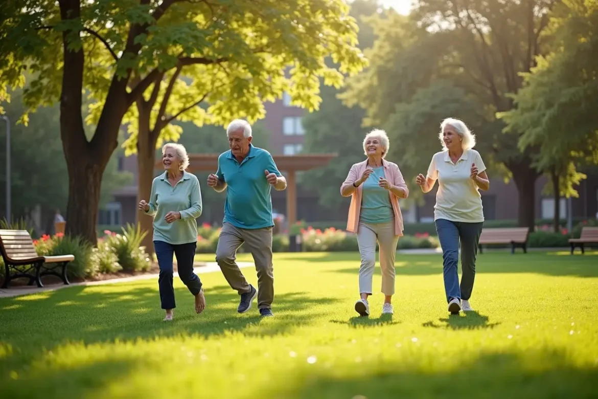 senior people doing light exercise in the park of retirement home
