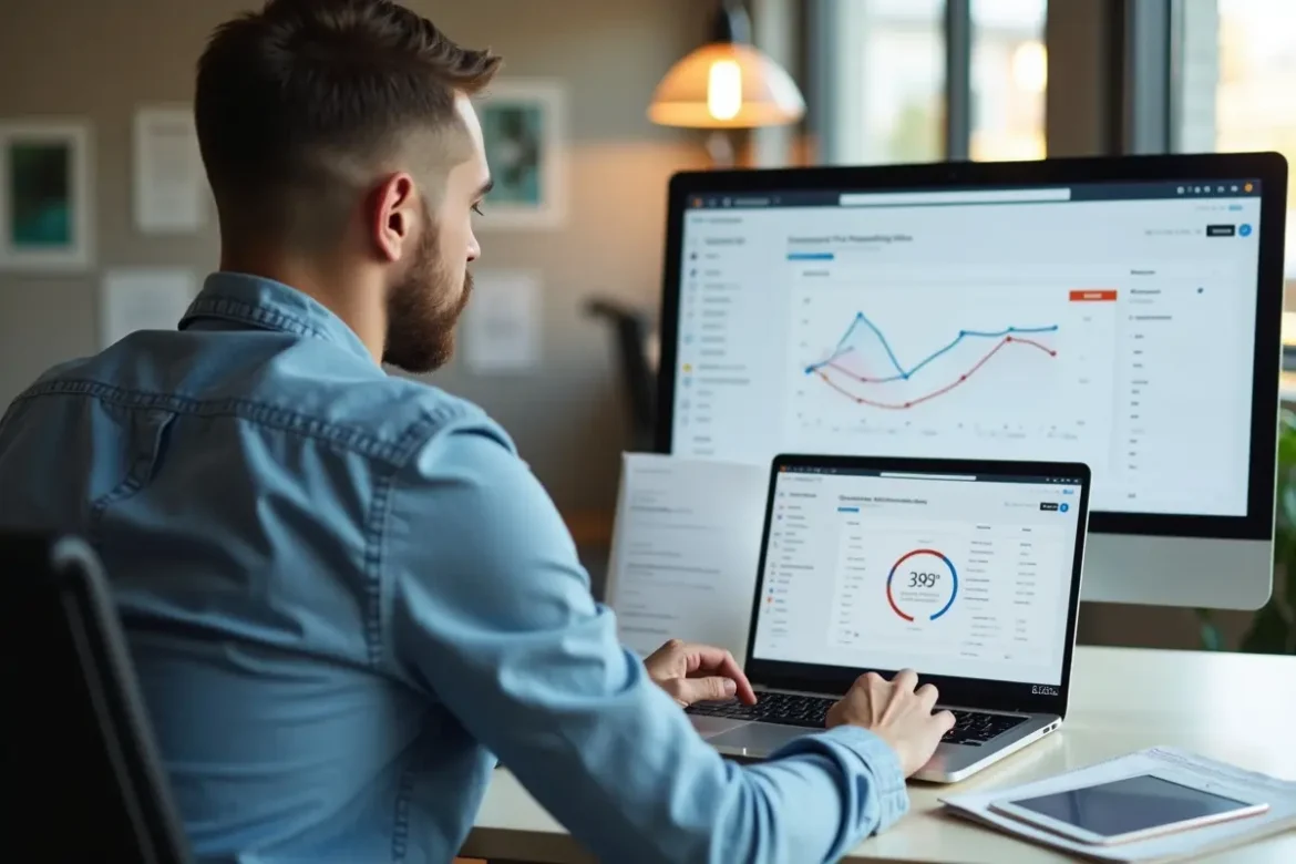 entrepreneur launching ecommerce business with laptop and online store dashboard