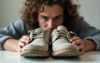person examining worn footwear showing signs of damage and tear