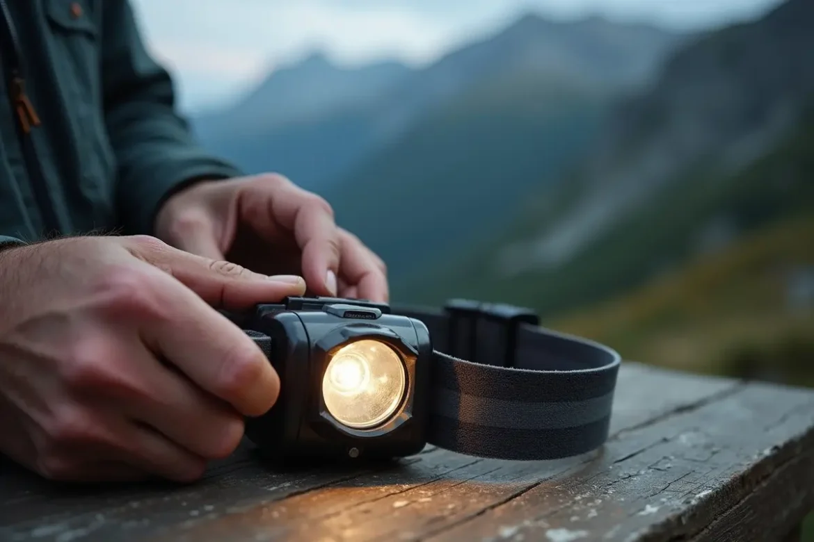hiker checking an old headlamp before an outdoor trip