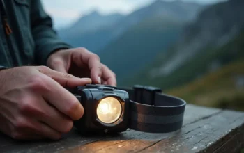 hiker checking an old headlamp before an outdoor trip